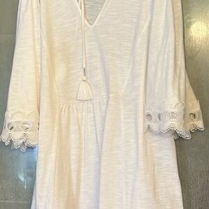 White Boho Blouse or coverup with Lace Sleeves.  Excellent condition.  No stains